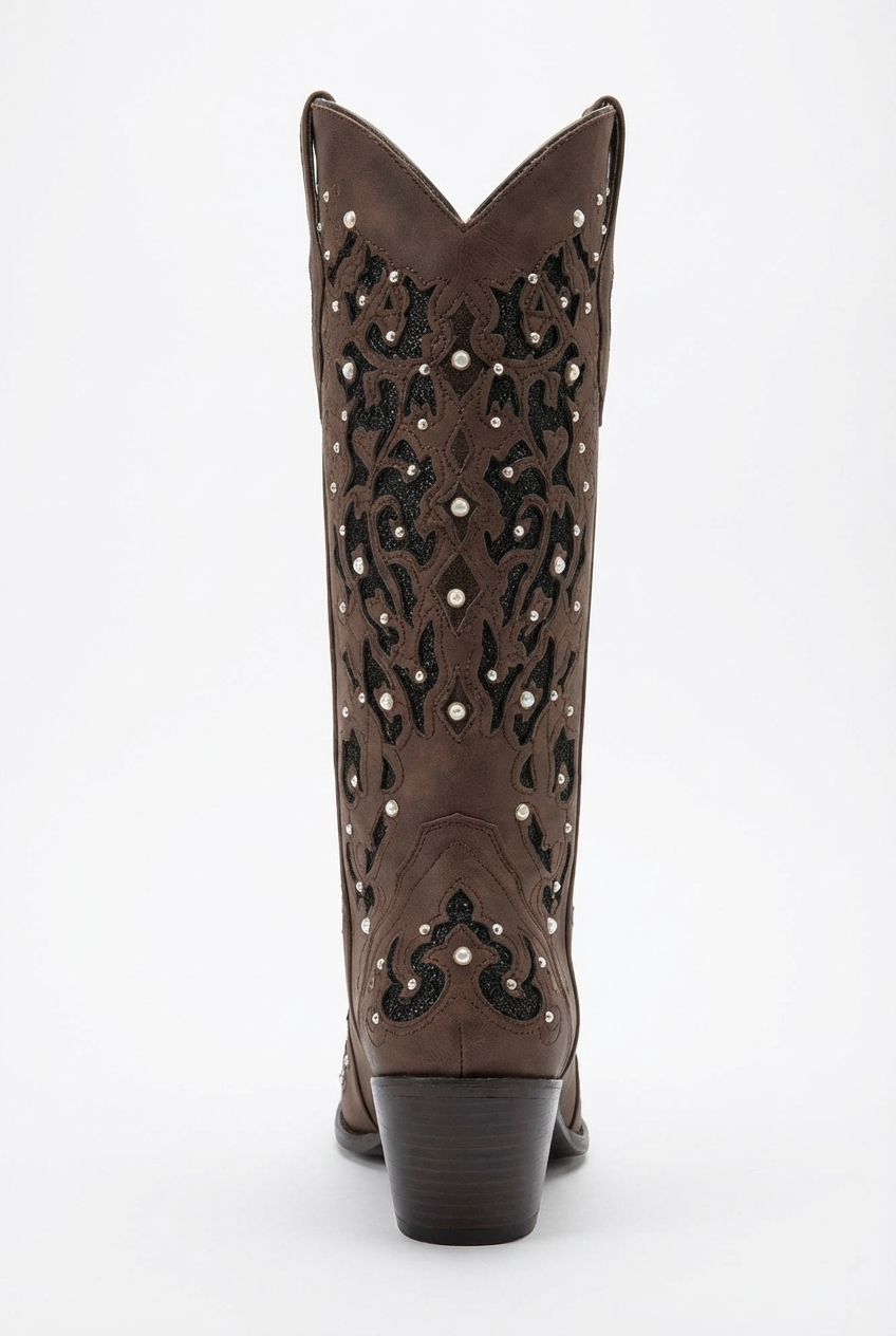 Santiag mi-haute marron Synthétique Femme - Broderies élégantes avec perles nacrées 3