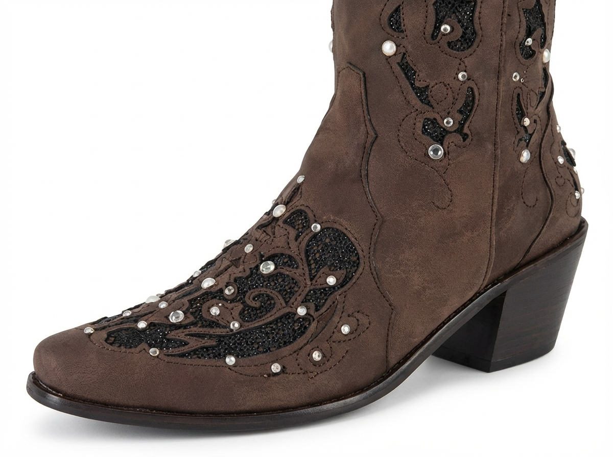 Santiag mi-haute marron Synthétique Femme - Broderies élégantes avec perles nacrées 2