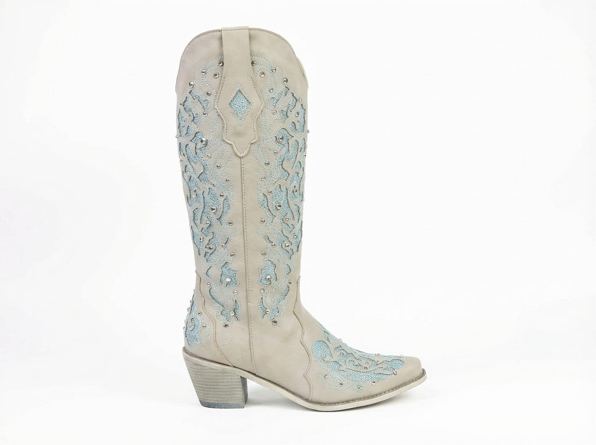 Santiag mi-haute beige Simili Cuir Femme - Broderies florales en bleu clair élégantes 2