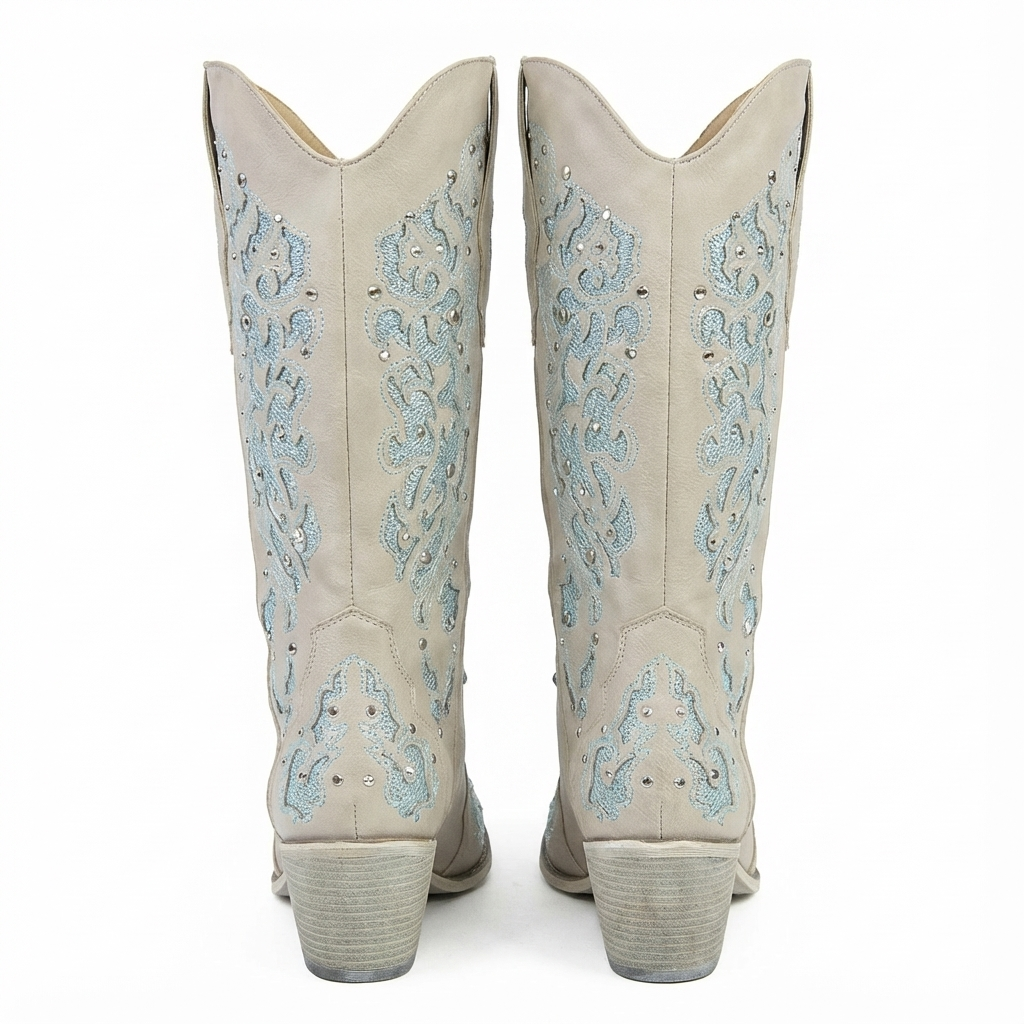 Santiag mi-haute beige Simili Cuir Femme - Broderies florales en bleu clair élégantes 3