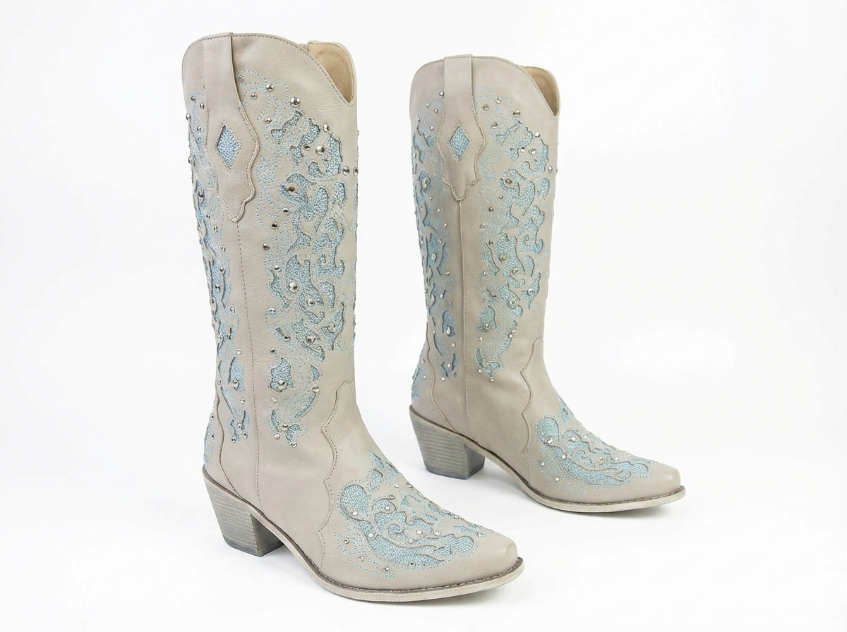 Santiag mi-haute beige Simili Cuir Femme - Broderies florales en bleu clair élégantes