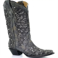 Santiag mi-haute gris Synthétique Femme - Broderies florales et pierres scintillantes 2