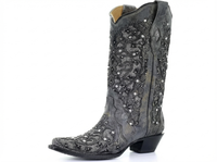 Santiag mi-haute gris Synthétique Femme - Broderies florales et pierres scintillantes 1