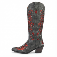 Santiag mi-haute gris Simili Cuir Femme - Broderies florales rouges et perles scintillantes 2
