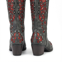 Santiag mi-haute gris Simili Cuir Femme - Broderies florales rouges et perles scintillantes 3