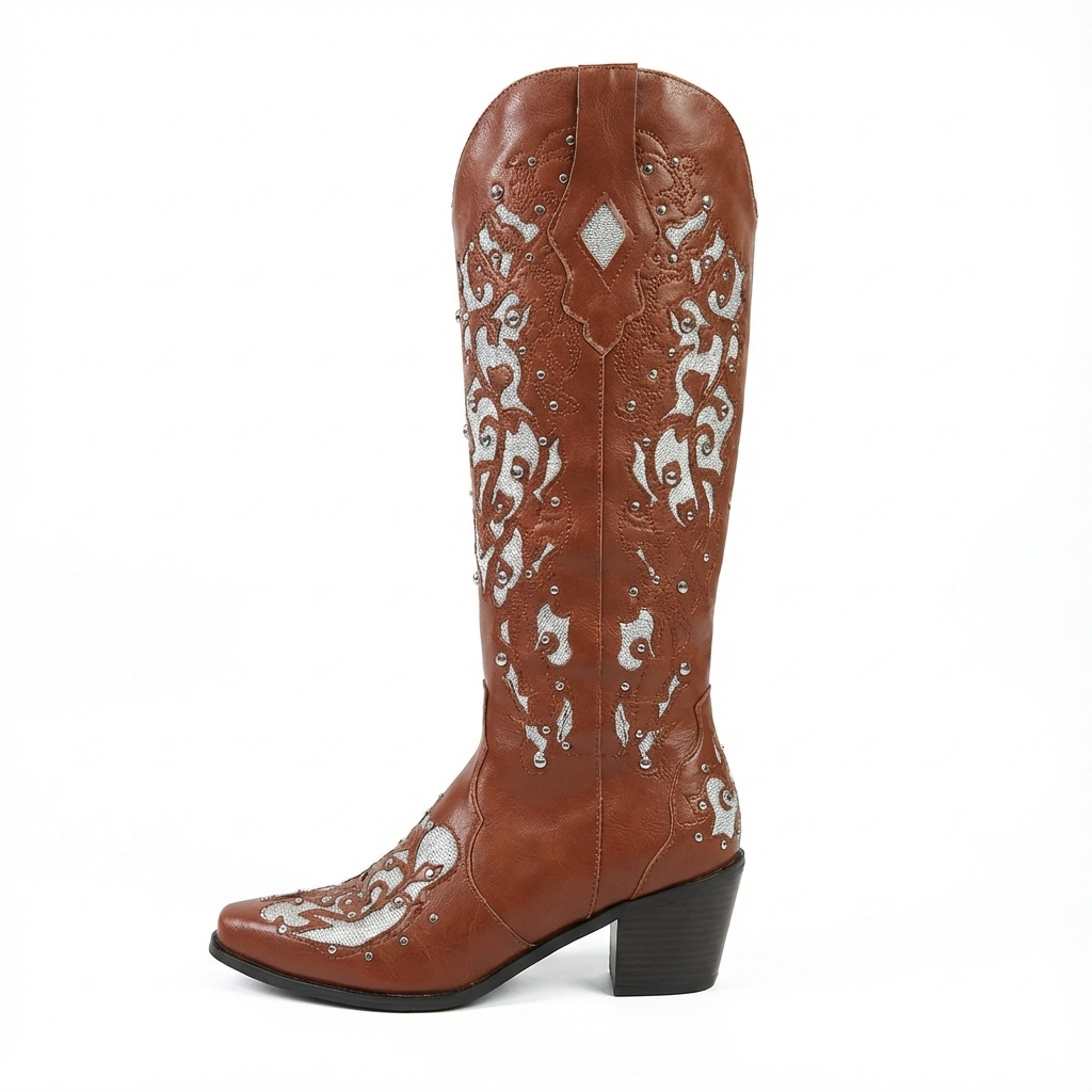 Santiag mi-haute marron Simili Cuir Femme - Style western avec broderies contrastées 2