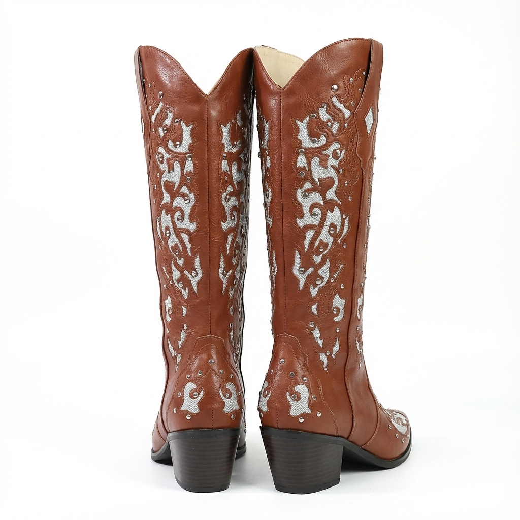 Santiag mi-haute marron Simili Cuir Femme - Style western avec broderies contrastées 3
