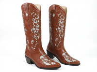 Santiag mi-haute marron Simili Cuir Femme - Style western avec broderies contrastées 1