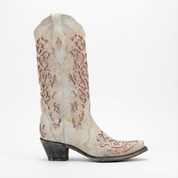 Santiag haute blanc Simili Cuir Femme - Tige brodée avec éclat florale 2