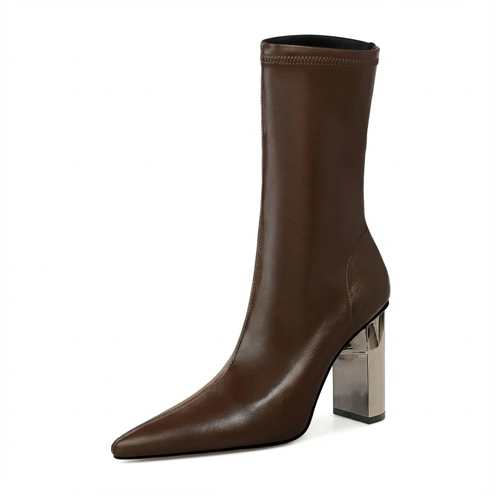 Bottine à talon marron Simili Cuir Femme - Santiags en simili cuir marron élégant