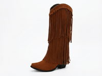 Santiag haute marron Daim Synthétique Femme - Franges longues avec talon cubique 1