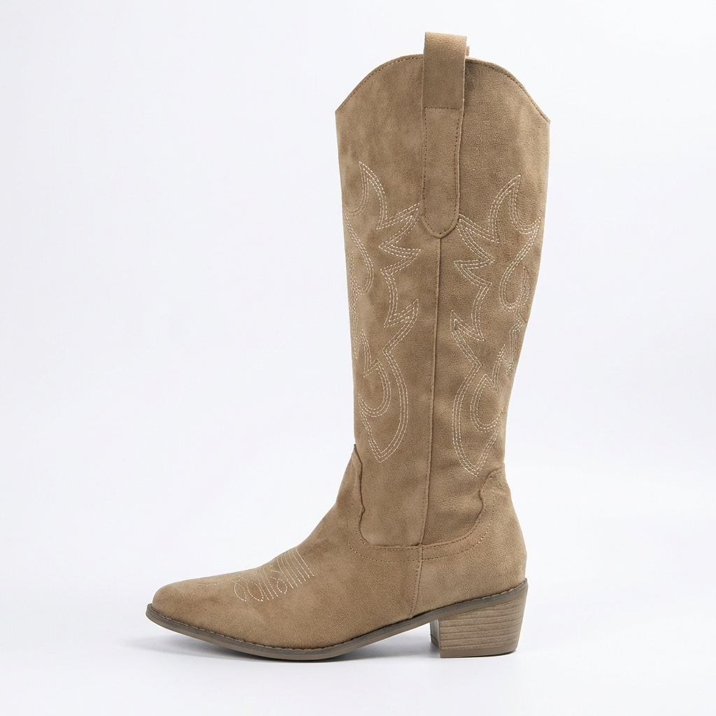 Santiag haute beige Simili Cuir Femme - Broderies western et talon bas en bois 6