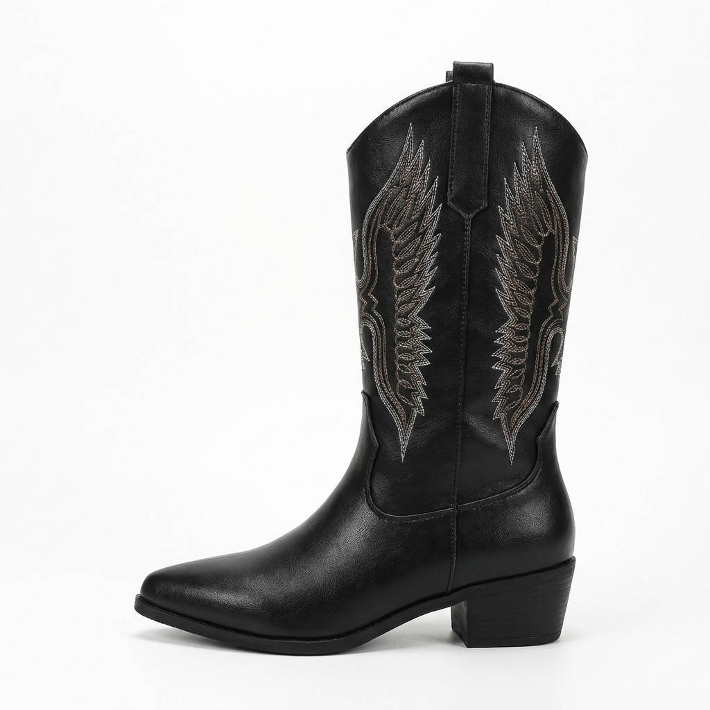 Santiag haute noir Simili Cuir Femme - Broderies western et pointe élégante 3
