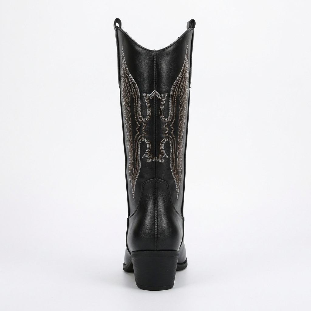 Santiag haute noir Simili Cuir Femme - Broderies western et pointe élégante 4