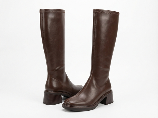Botte haute marron Simili Cuir Femme - Santiags modernes au style épuré western - three_quarter_view