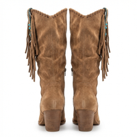 Santiag mi-haute marron clair Daim Femme - Franges longues et turquoise western 3
