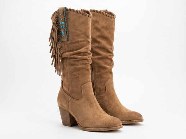 Santiag mi-haute marron clair Daim Femme - Franges longues et turquoise western - three_quarter_view