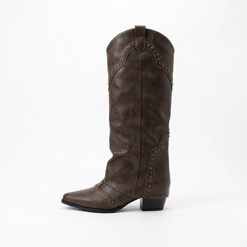 Santiag haute marron foncé Simili Cuir Femme - Clous métalliques géométriques élégants 2