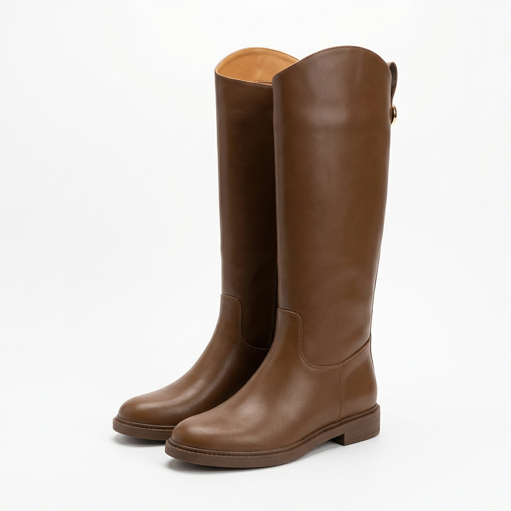 Botte haute marron Simili Cuir Femme - Style western ornement boucle dorée