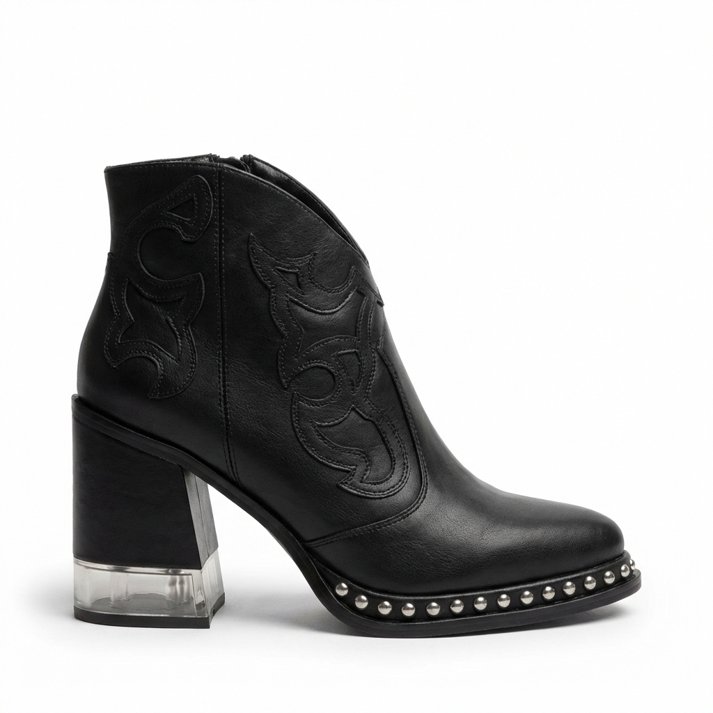 Santiag mi-haute noir Simili Cuir Femme - Broderies western et clous métalliques 2