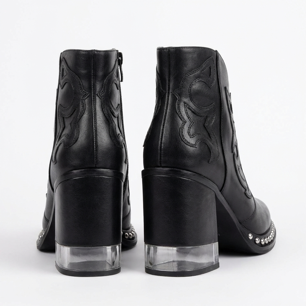 Santiag mi-haute noir Simili Cuir Femme - Broderies western et clous métalliques 3