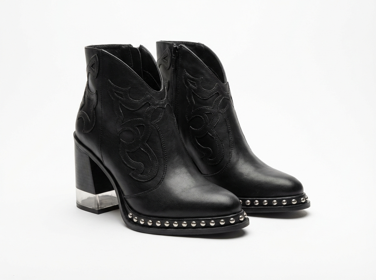 Santiag mi-haute noir Simili Cuir Femme - Broderies western et clous métalliques