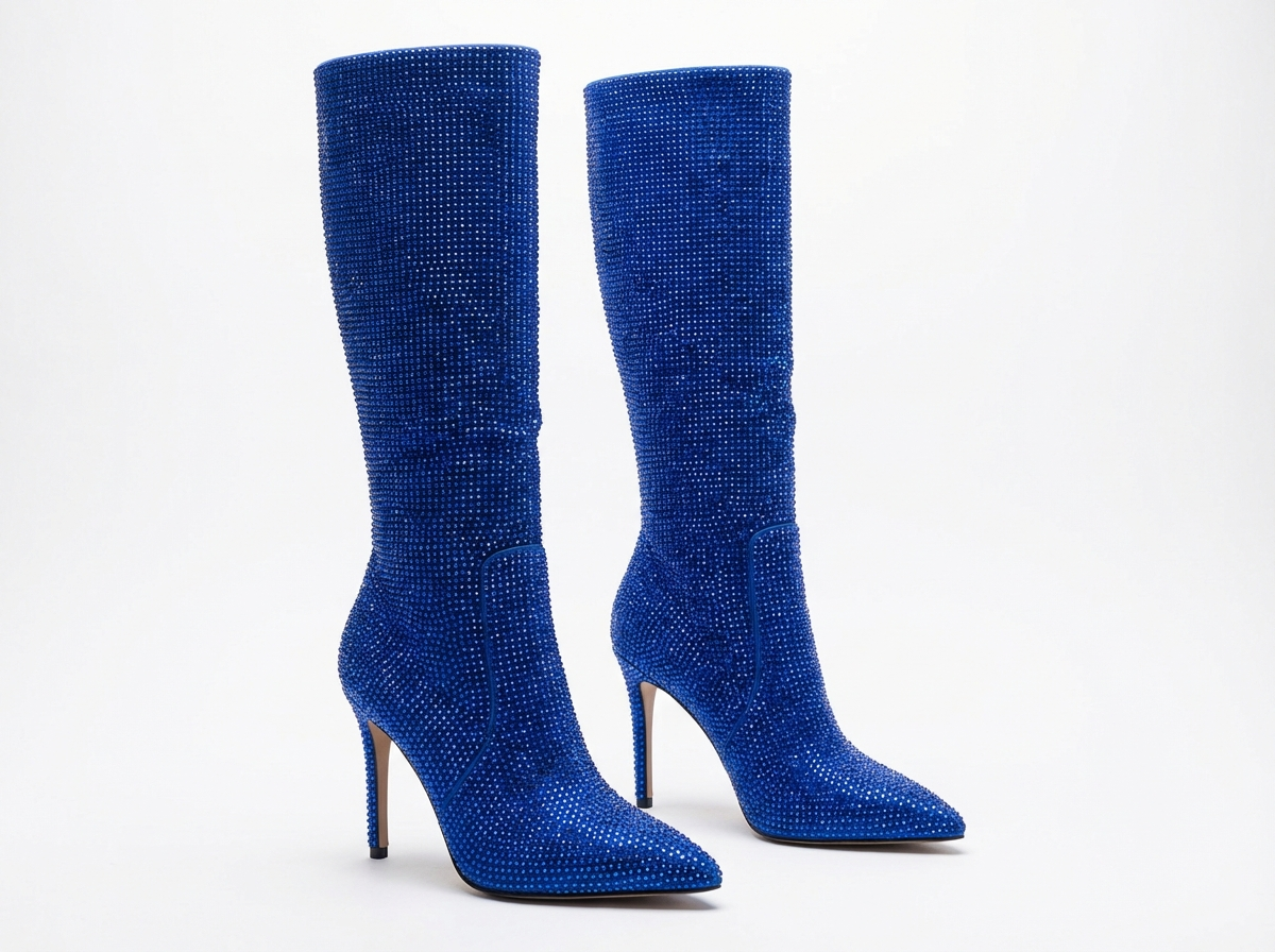 Botte haute bleu Daim Synthétique Femme - Santiags bleu scintillant à talon aiguille