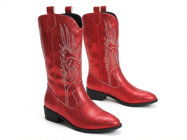 Santiag mi-haute rouge Simili Cuir Femme - Éclat moderne avec broderies western