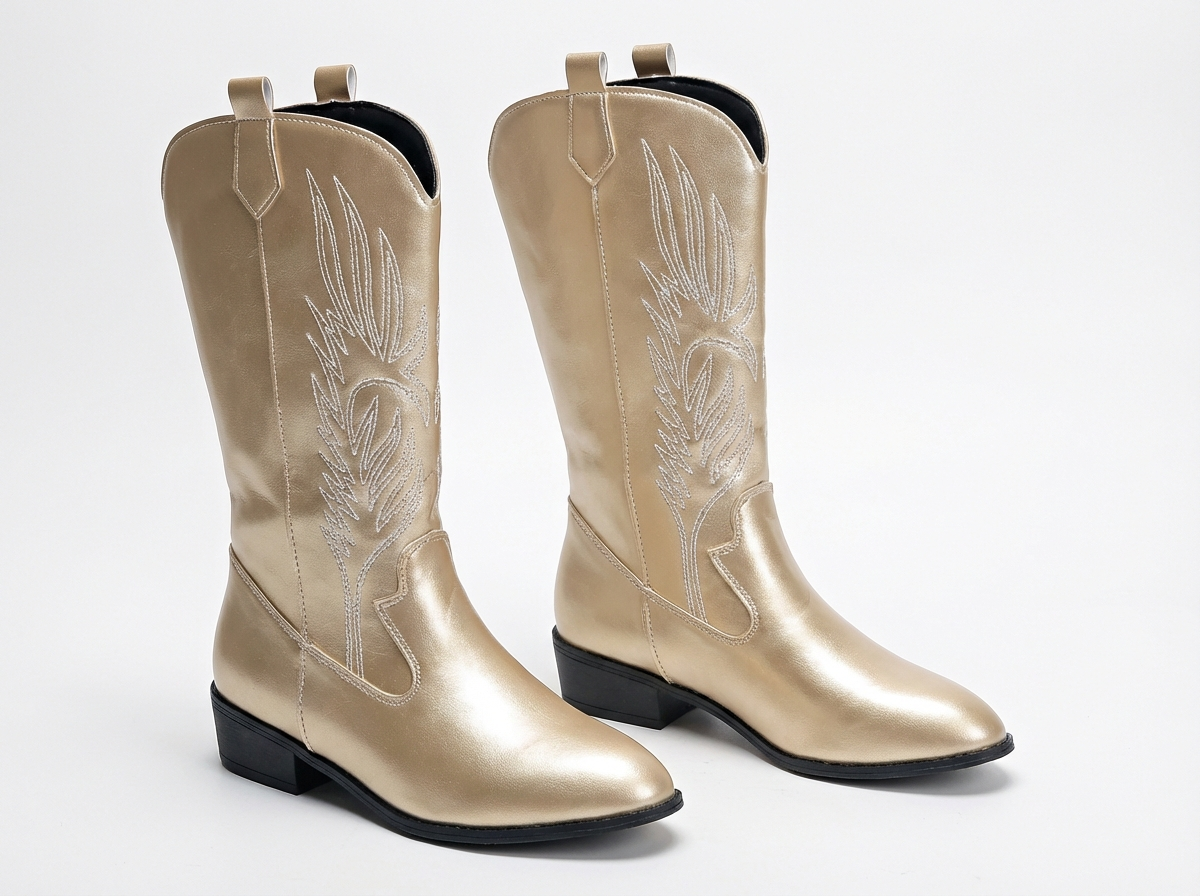 Santiag mi-haute doré Simili Cuir Femme - Broderie florale élégante style western