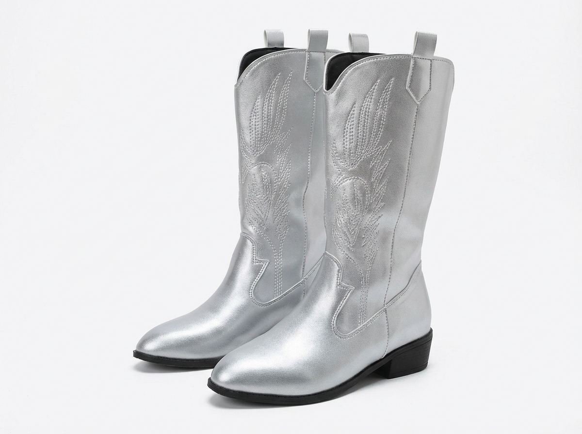 Santiag mi-haute argenté Synthétique Femme - Effet argenté moderne et broderies western
