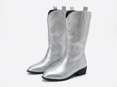 Santiag mi-haute argenté Synthétique Femme - Effet argenté moderne et broderies western - three_quarter_view