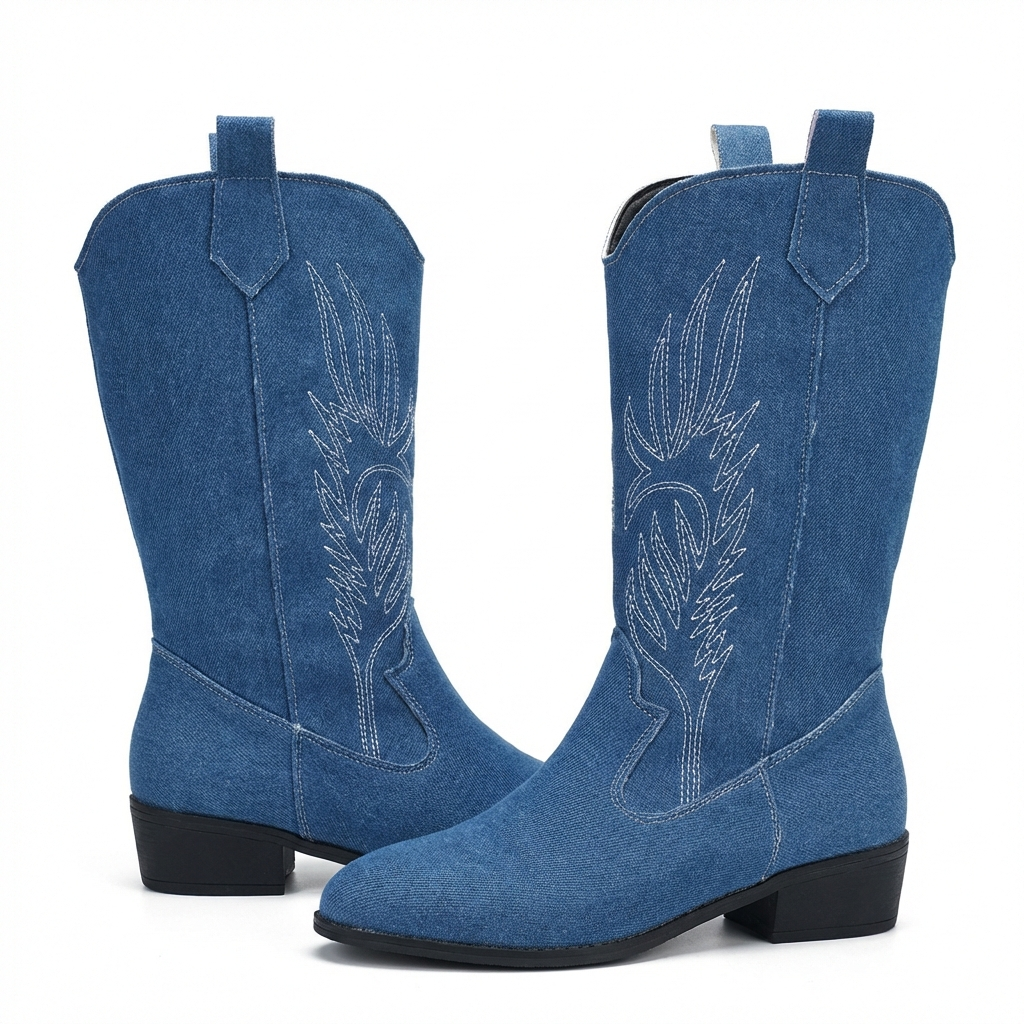 Santiag mi-haute bleu Simili Cuir Femme - Broderies blanches western et languettes pratiques 2