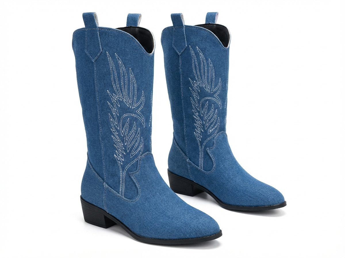Santiag mi-haute bleu Simili Cuir Femme - Broderies blanches western et languettes pratiques