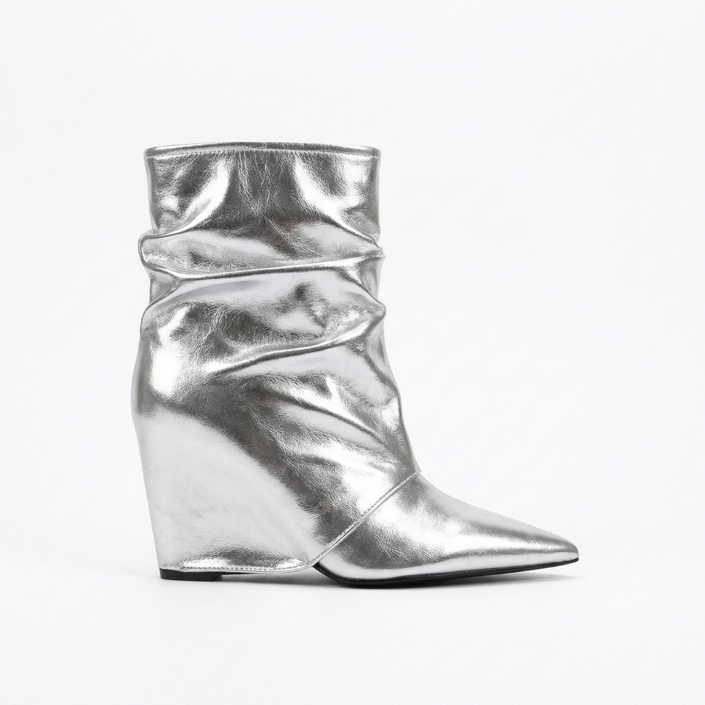 Bottine haute argenté Simili Cuir Femme - Santiags argentées au design plissé moderne 3