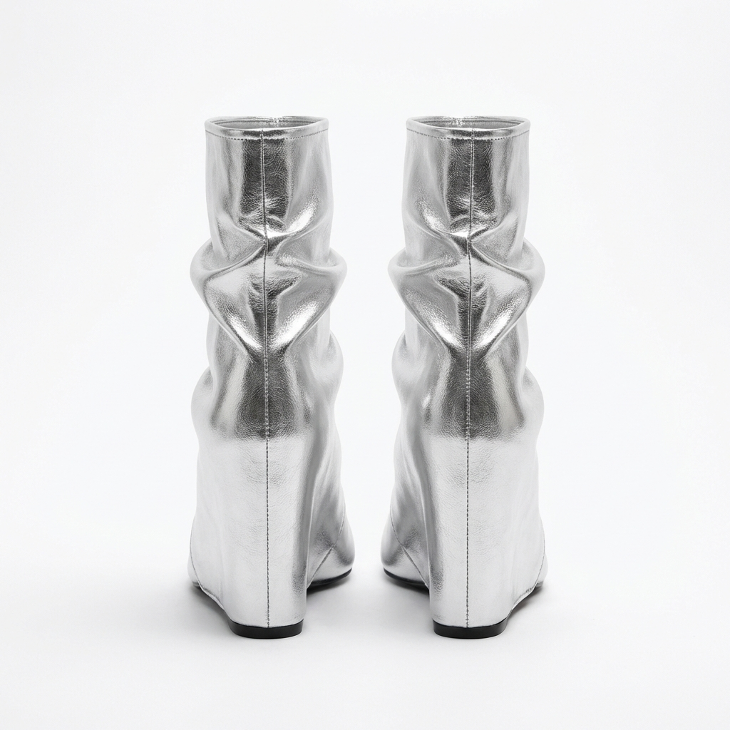 Bottine haute argenté Simili Cuir Femme - Santiags argentées au design plissé moderne 4