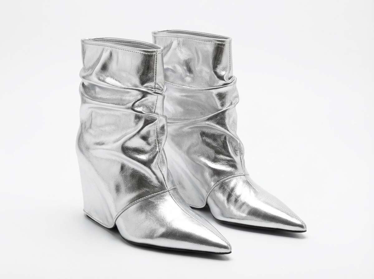 Bottine haute argenté Simili Cuir Femme - Santiags argentées au design plissé moderne