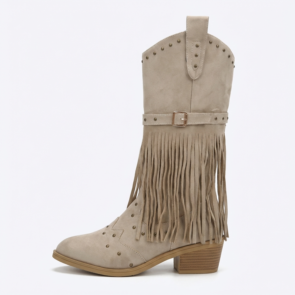 Santiag mi-haute beige Daim Synthétique Femme - Franges longues et clous métalliques stylisés 2
