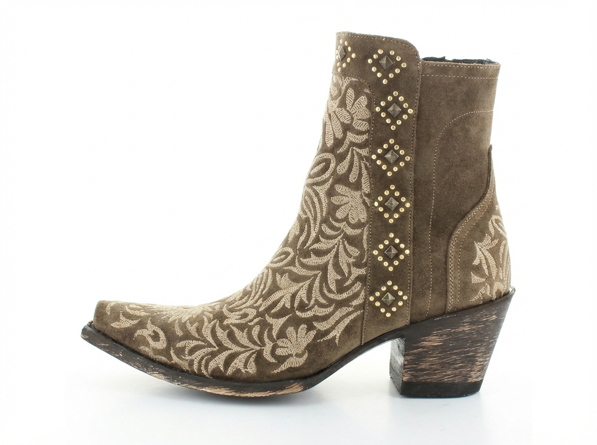 Santiag mi-haute marron Synthétique Femme - Broderies florales et clous dorés 2