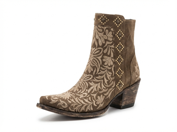 Santiag mi-haute marron Synthétique Femme - Broderies florales et clous dorés - three_quarter_view