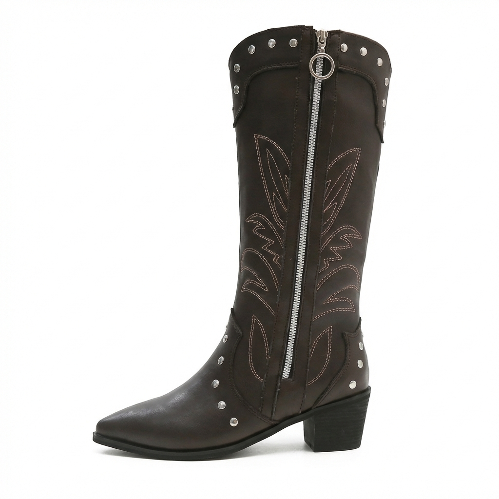 Santiag haute marron foncé Simili Cuir Femme - Broderie western et clous argentés 2