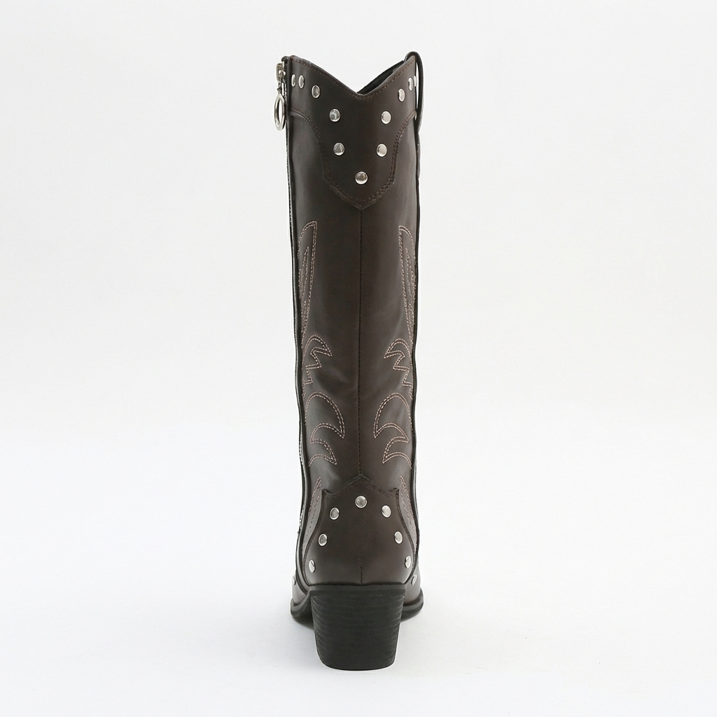 Santiag haute marron foncé Simili Cuir Femme - Broderie western et clous argentés 3