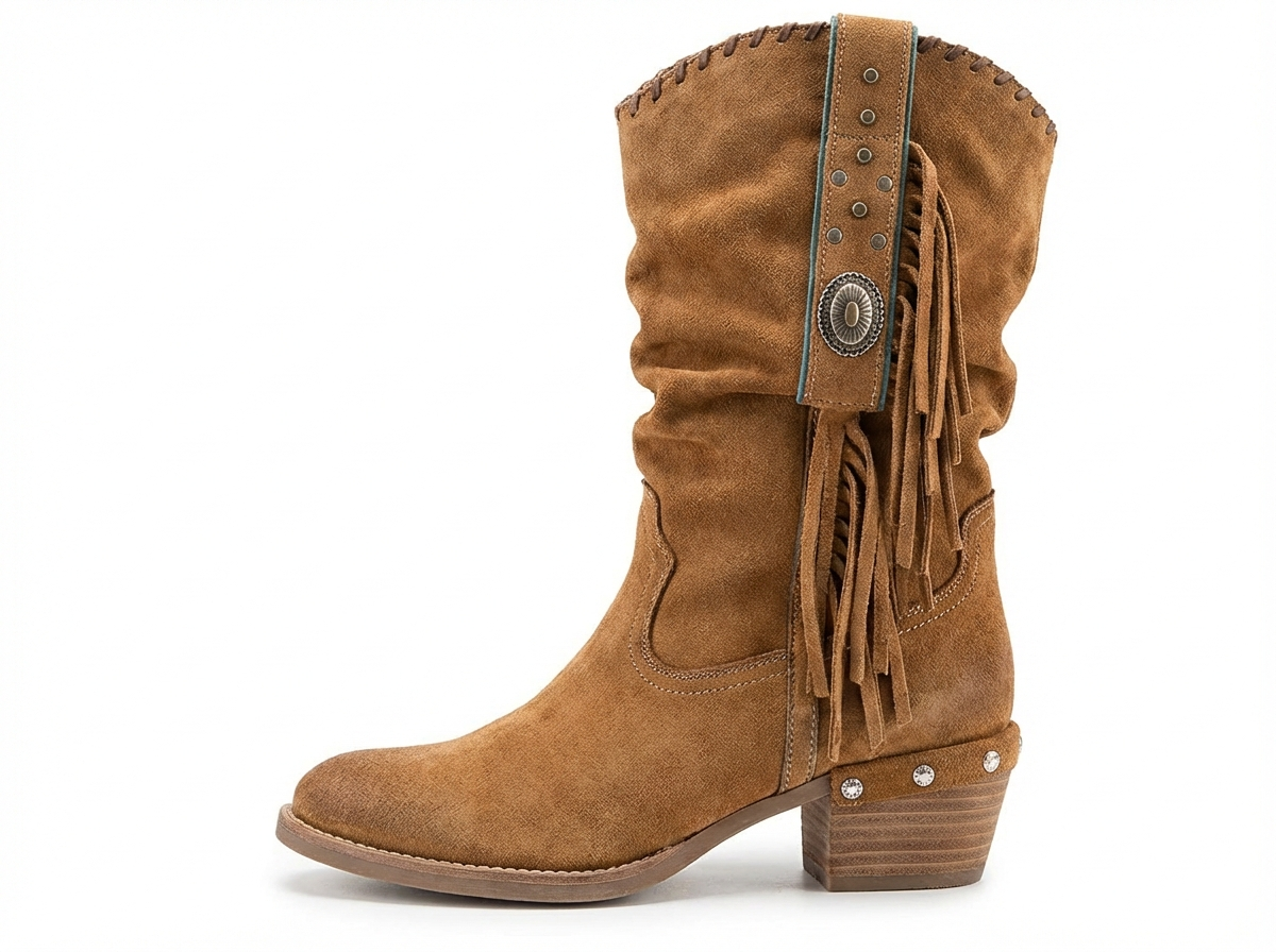 Santiag mi-haute marron clair Daim Synthétique Femme - Santiags ornées de franges et métal 2