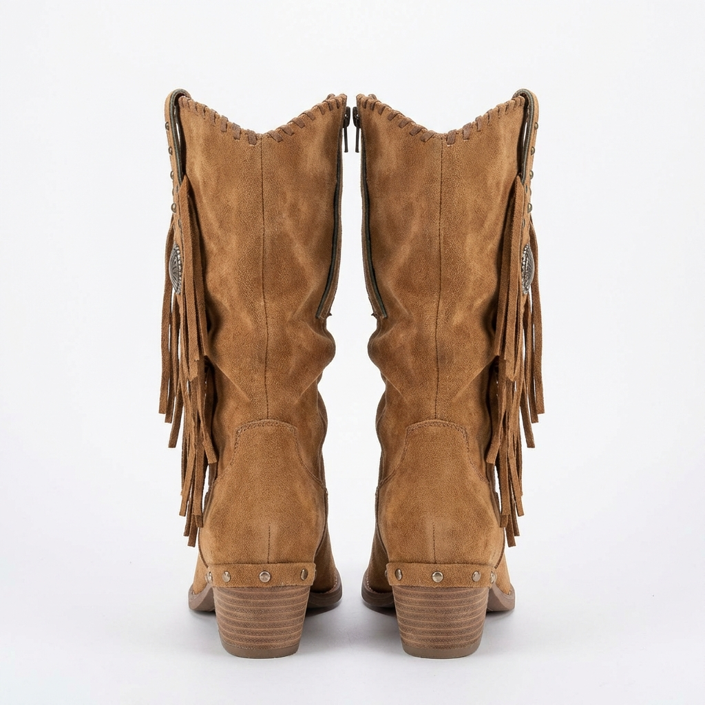Santiag mi-haute marron clair Daim Synthétique Femme - Santiags ornées de franges et métal 3