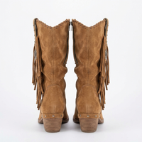 Santiag mi-haute marron clair Daim Synthétique Femme - Santiags ornées de franges et métal 3