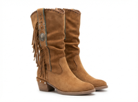 Santiag mi-haute marron clair Daim Synthétique Femme - Santiags ornées de franges et métal 1