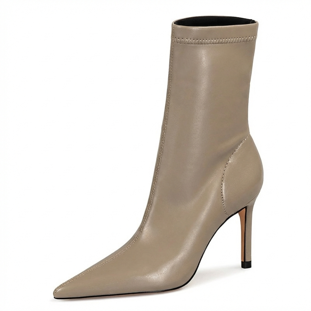 Botte haute beige Simili Cuir Femme - Talon aiguille raffiné et bout pointu