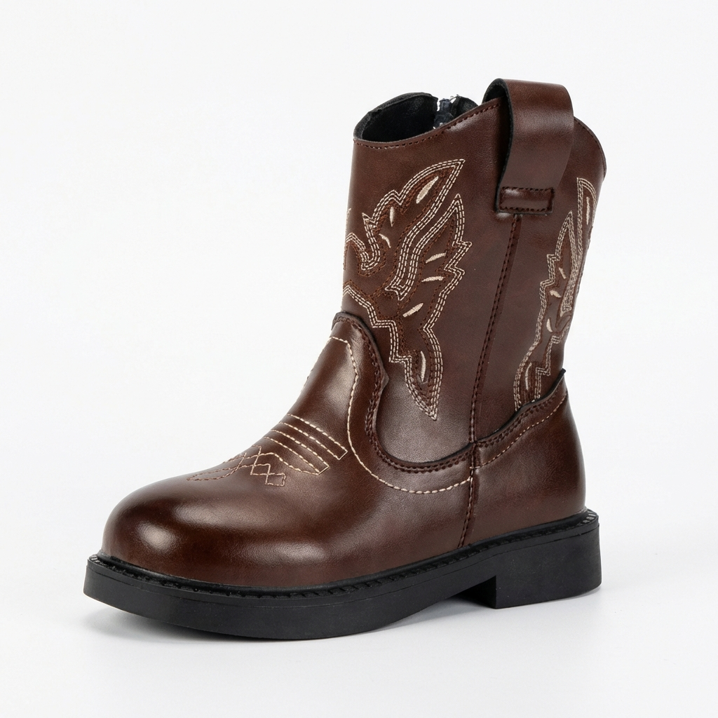 Santiag mi-haute marron Simili Cuir Fille - Broderies florales avec semelle contrastée