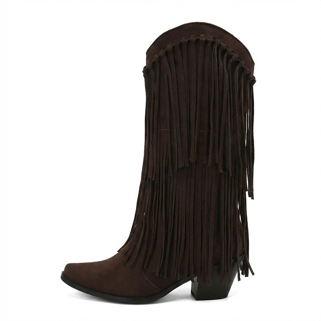 Santiag haute marron foncé Daim Femme - Franges longues style western unique 2
