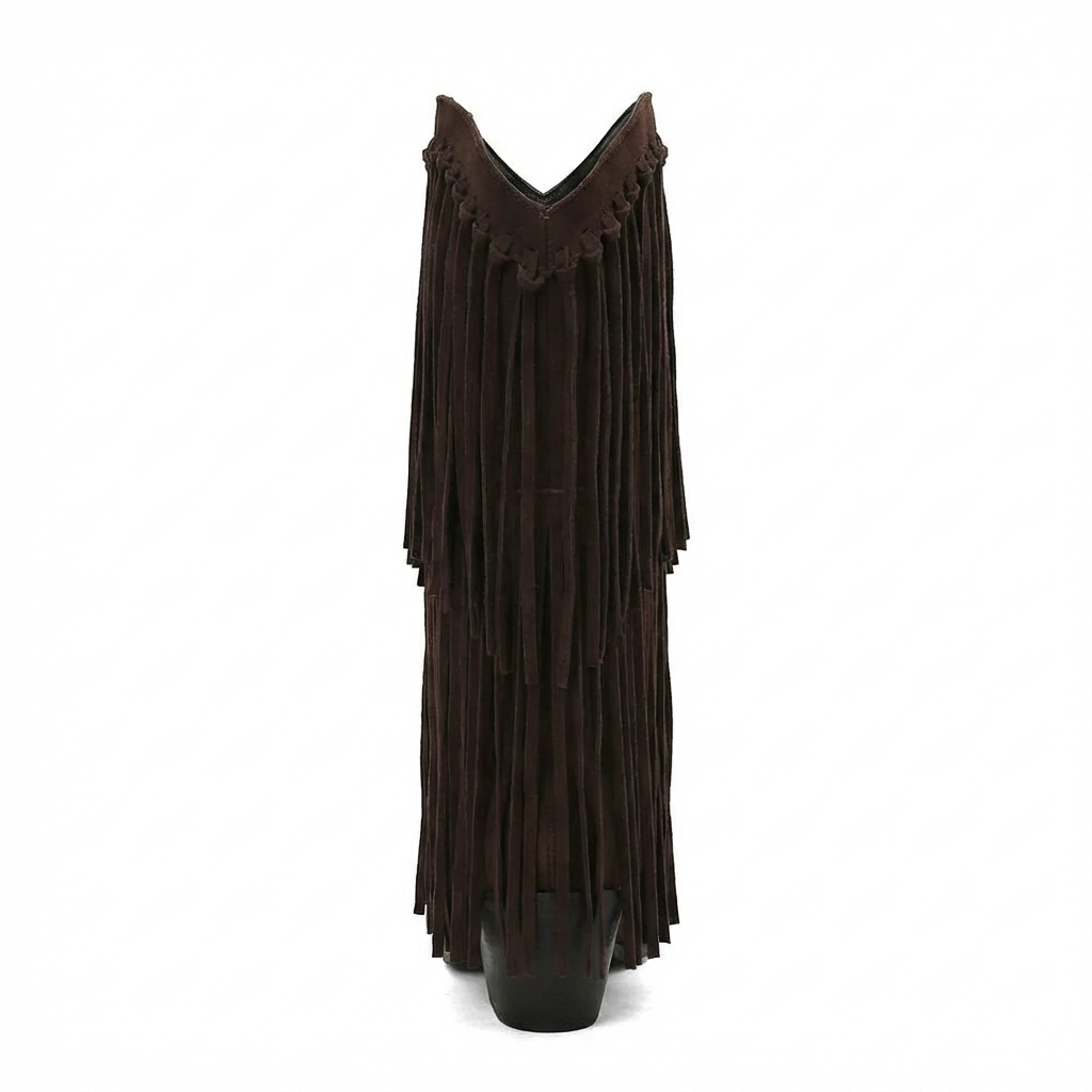 Santiag haute marron foncé Daim Femme - Franges longues style western unique 3