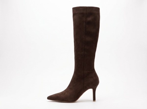 Botte haute marron foncé Daim Synthétique Femme - Talon aiguille et bout pointu élégant - side_view